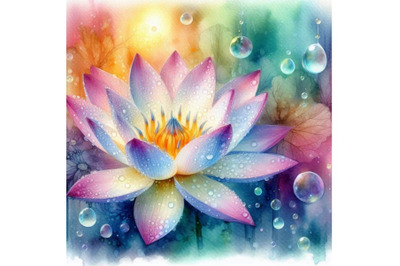 4 igital art of a beautiful lotus flower with waterdropsColorful backg
