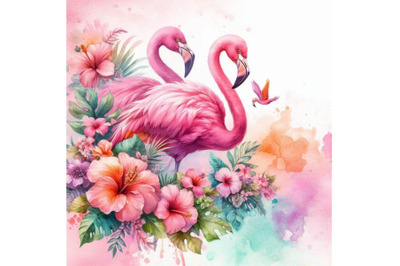 4 ink flamingo with flowers. digital paintColorful background