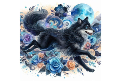 4 llusations of  black and blue running wolfColorful background