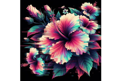 4 llustration hibiscus in Glitch Art Style on Dark BackgroundColorful