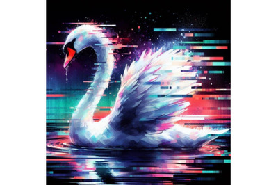 4 llustration Swan in Glitch Art Style on Dark BackgroundColorful back