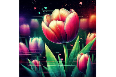 4 llustration tulip in Glitch Art Style on Dark BackgroundColorful bac