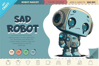 Sad cartoon Robot. T-Shirt, PNG, SVG.