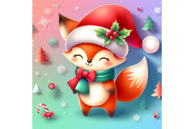 4 Vector cute christmas paper cut 3d fox with shadow Colorful backgrou