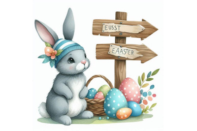 4 Watercolor Easter bunny with signpost in gray and blue color isolate