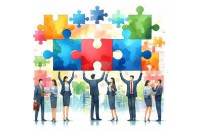 4 watercolor Business People Holding the big jigsaw puzzle piece Color