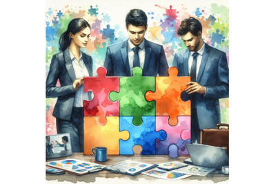 4 watercolor Business People Holding the big jigsaw puzzle piece Color