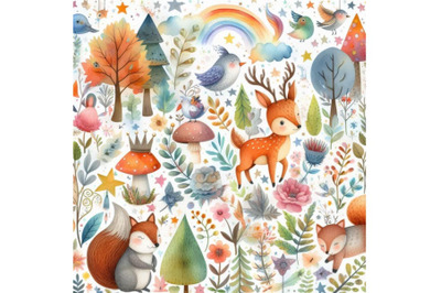 4 whimsical woodland charming animal Colorful background