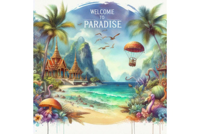 4 watercolor Welcome to paradise exotic places vintage flyer concept C