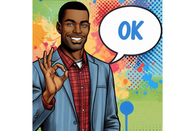 4 watercolor Man smile and shows OK hand sign with speech bubble. Vect