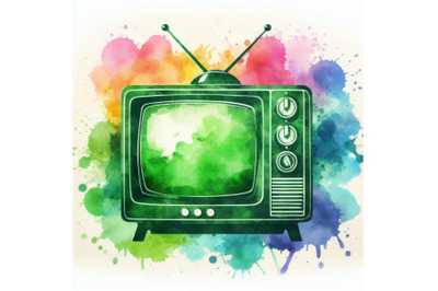 4 watercolor Green sihouette of retro tv on white Colorful background