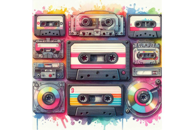 4 watercolor.Vintage music cassettes. Retro dj sound tape, 1980s rave