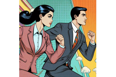 4 watercolor.Business competition woman and man running pop art retro