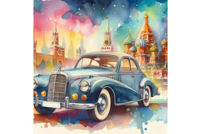 4 watercolor.Retro car to use in the design.Colorful background
