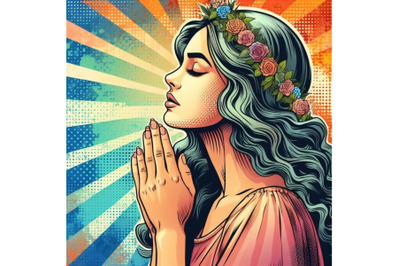 4 watercolor.Woman prayer joy religion pop art retro.Colorful backgrou
