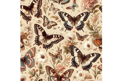 4 watercolor.Seamless beige pattern with white and brown butterflies.C