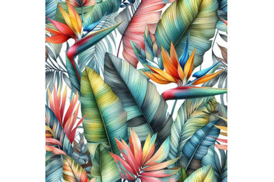 4 watercolor.Tropical leaves hand drawn seamless pattern..Colorful bac