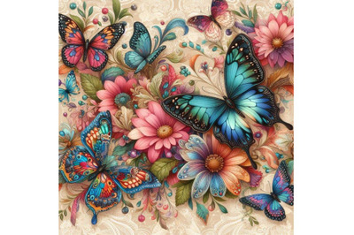4 watercolor.Seamless beige pattern with bright colorful butterflies a