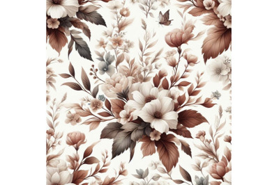 4 watercolor.Seamless white floral pattern with vintage brown elements