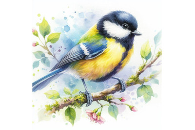 4 watercolor.Hand Painted Watercolor  Tit Bird on the Branch on white