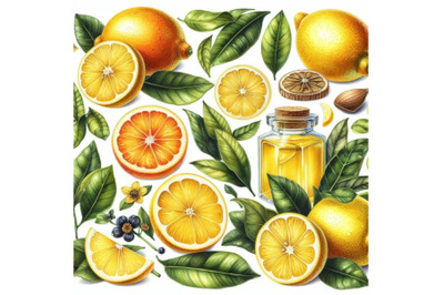 4 watercolor.Lemon set with citrus and leaves.Colorful background