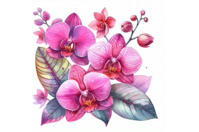 4 watercolor.Pink orchid. Pink flowers orchid on a white background.Co