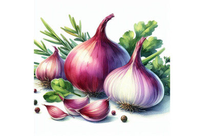 4 watercolor.Onion and garlic. Illustration on white background..Color