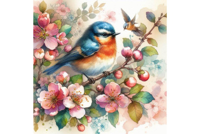 4 watercolor.Vintage watercolor floral card&2C; bird on a blooming branch