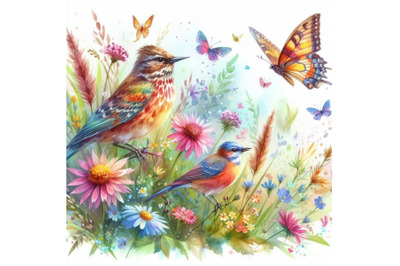 4 watercolor.Watercolor colorful Bird and butterfly with grass and flo