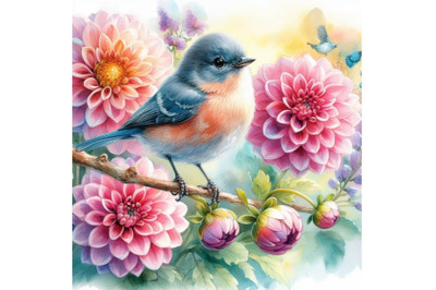 4 watercolor.a little bird and blooming dahlia flowers..Colorful backg