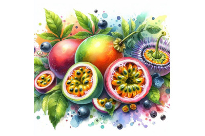 4 watercolor.a passion fruit and a half passion fruit.Colorful backgro