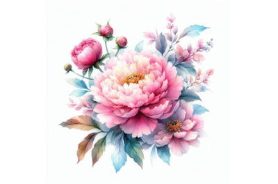 4 watercolor.Delicate watercolor pink peony..Colorful background