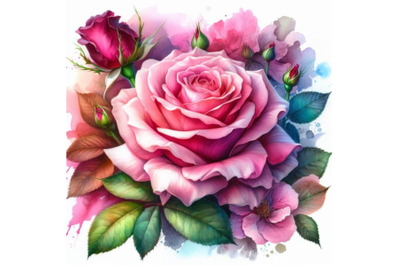 4 watercolor.a flowering pink rose with a bud.Colorful background