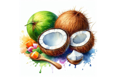 4 watercolor.Coconut on a white background.Colorful background