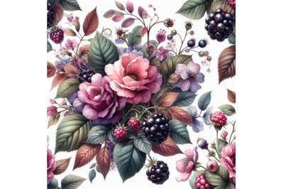 4 watercolor.Seamless floral background with blackberry fruits and flo