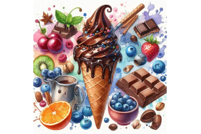 4 watercolor.Chocolate Ice cream cone on a white background.Colorful b