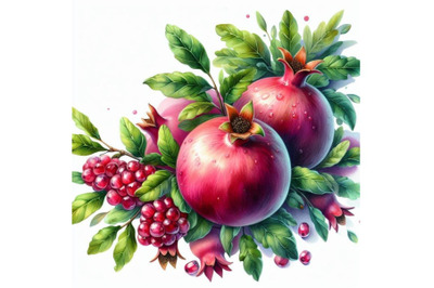 4 watercolor illustration of Pomegranates on a branch with leaves Colo