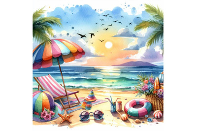 4 watercolor.Summer beach vector illustration wallpaper.Colorful backg