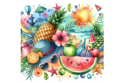 4 watercolor.Seasonal Summer Graphic. A Summer themed seasonal graphic