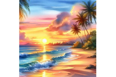 4 watercolor.Summer sunset beach. Beach