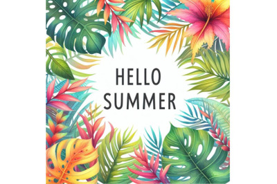 4 watercolor.Hello summer. Tropical leaves frame. Vector card template