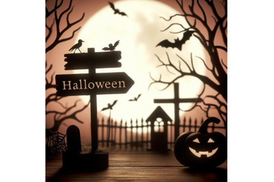 4 silhouette Halloween background with wooden sign softcolor