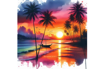 4 watercolor.Sunset on the beach with palm silhouette, vector.Colorful