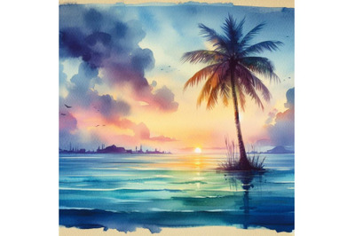 4 watercolor.Lonely palm tree in the middle of ocean on background of