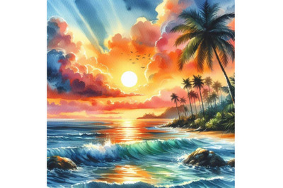 4 watercolor.Tropical sunset seascape with palm tree clouds and bright