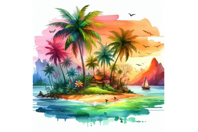 4 watercolor.A vector drawing represents tropical island design..Color