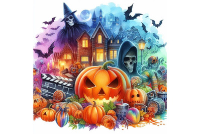 4 watercolor.Halloween 3D movie on a white background.Colorful backgro