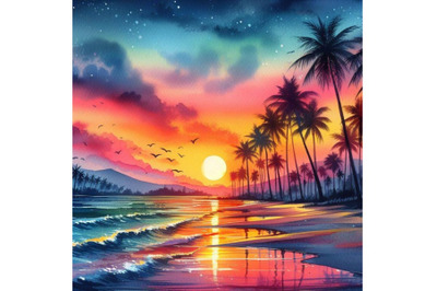 4 watercolor.Sunset on the beach. Silhouettes of palm trees on beach w