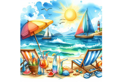4 watercolor.Summer vacation on a beach - colorful vector background.C