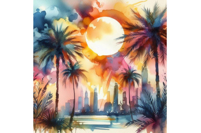 4 watercolor.Palm trees in front of a abstract sun.Colorful background